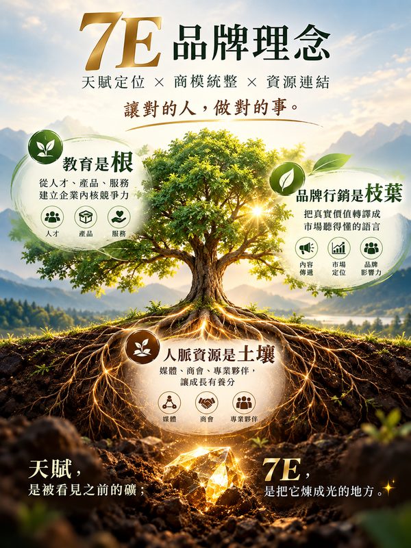 【7E 品牌理念】教育是根、品牌行銷是枝葉、人脈資源是土壤。讓對的人，做對的事。