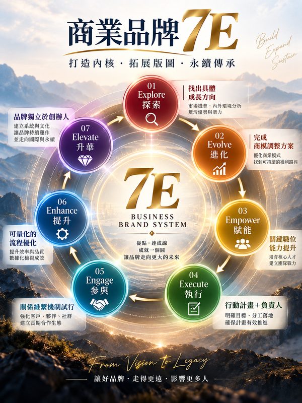 【商業品牌 7E】打造內核・拓展版圖・永續傳承，七個階段讓品牌走得更遠。